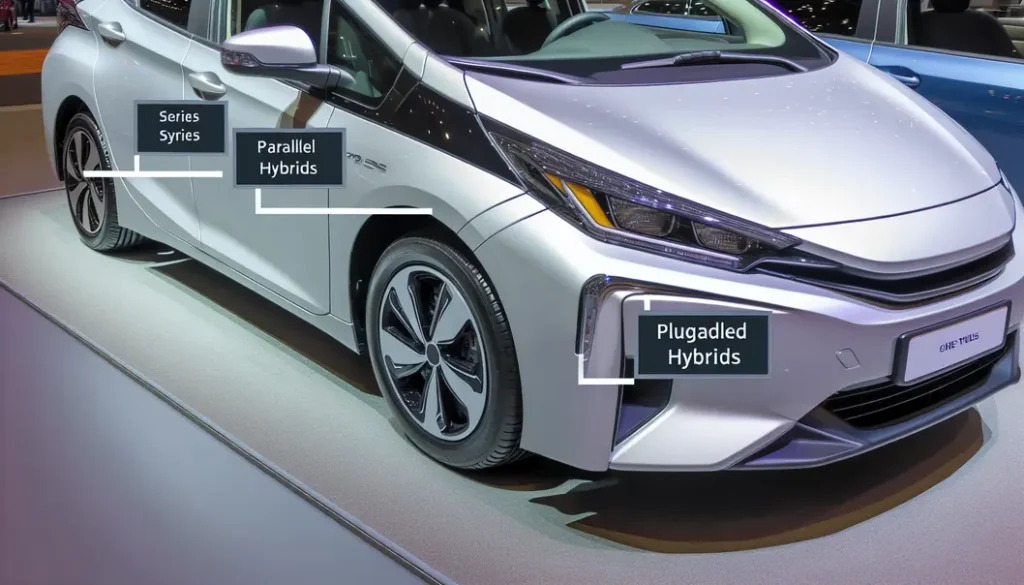 Sơ đồ hoạt động của động cơ hybrid với động cơ điện và xăng phối hợp.